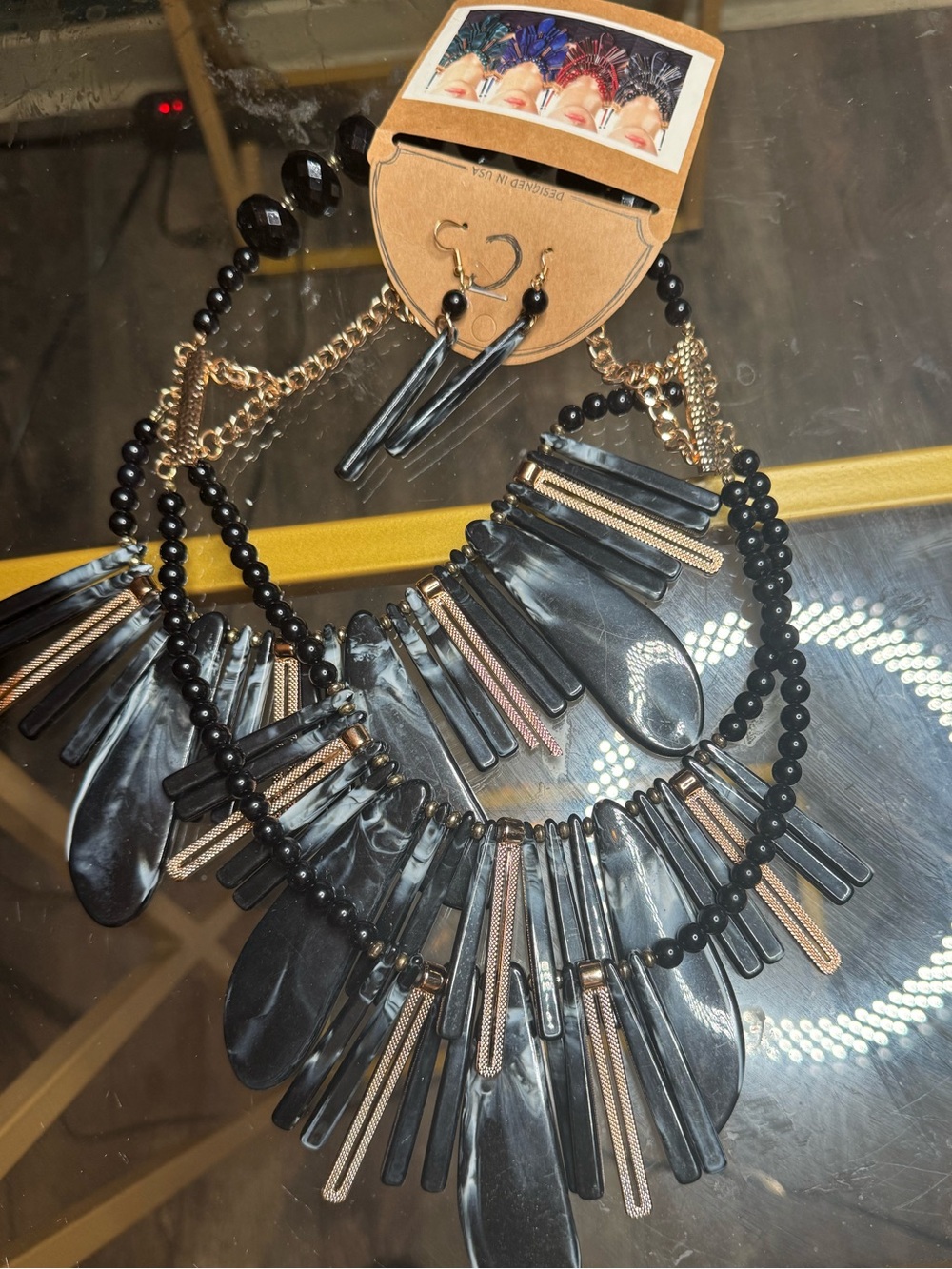 Statement Black and Gold Bead Fringe Necklace and Earring Set